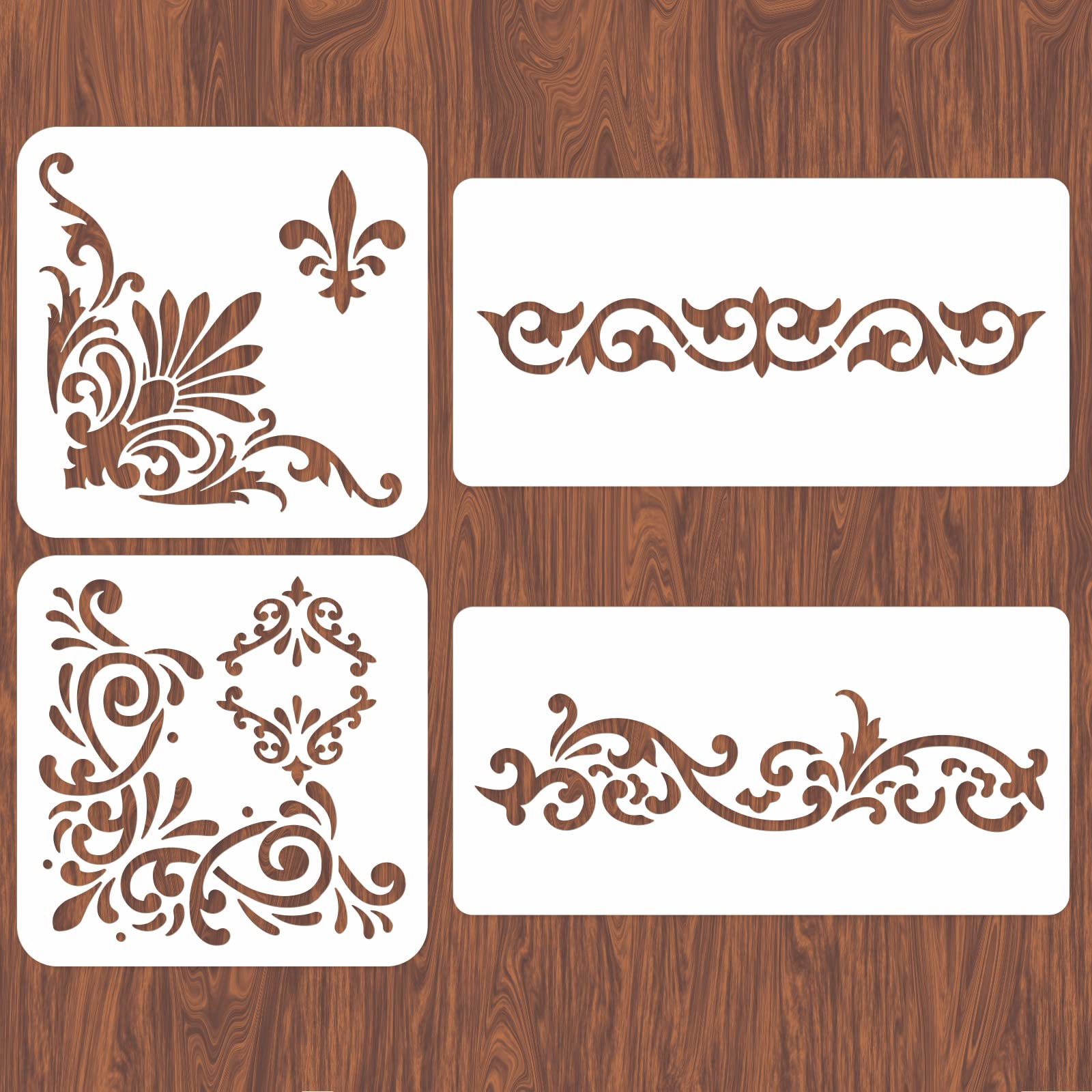 INFUNLY 4PCS Corner Stencils for Painting Flower Border Wall Stencil Large Square Lace Tile Stencil Corner Furniture Stencils Reusable DIY Art Craft Template for Wood Walls Canvas Paper Fabric Floor — image 1
