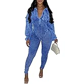 PUXOBYKU Womens Jumpsuits Casual Romper V Neck Bottom Pants Loose Long Sleeve Bodysuit Bodycon Sexy One Piece