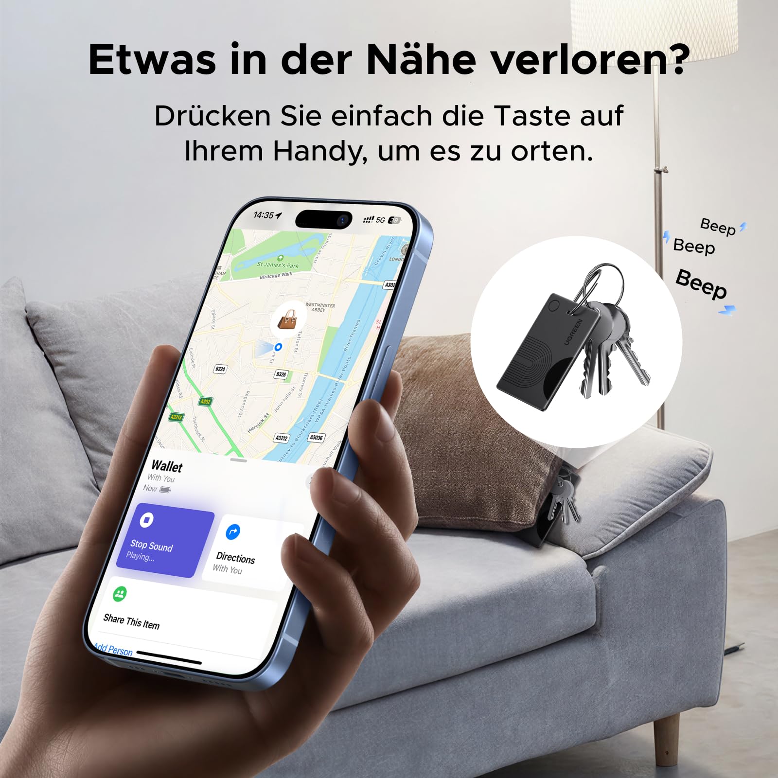 UGREEN FineTrack Slim kompatibel mit Apple Find My (nur iOS), Bluetooth Tracker Karte bis zu 7 Jahre Batterielebensdauer, 100dB Piepton, Geldbörsenfinder für Reisepass, Wallet, Rucksack (1 Pack) 4