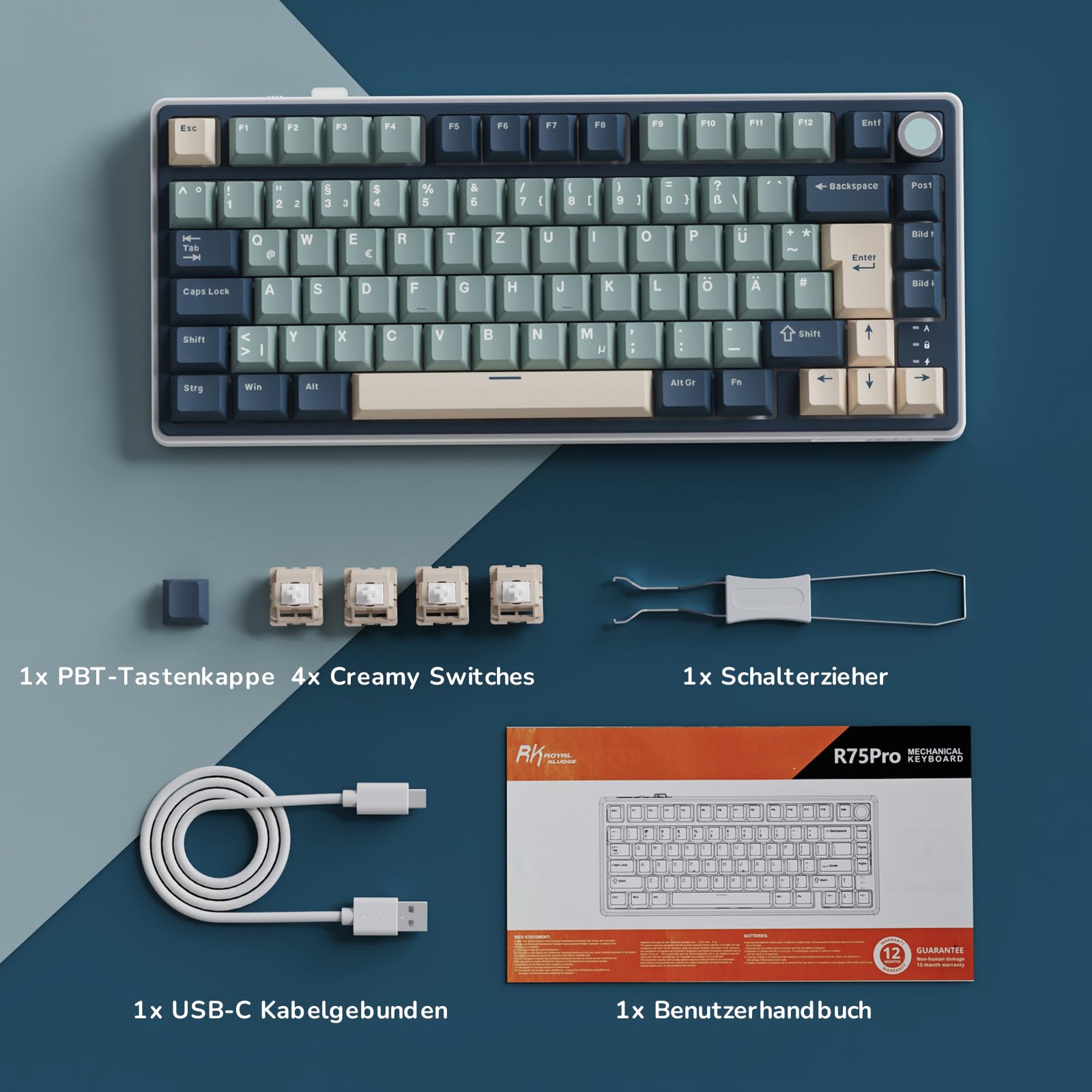RK ROYAL KLUDGE R75 Mechanische Tastatur Kabellos 75%, Gasket Gaming Tastatur 75 Prozent TKL mit Knopf QWERTZ RGB Bluetooth/2.4G/USB-C PBT Tastenkappen QMK/VIA, Hot Swap Linearer Creamy Switches 9