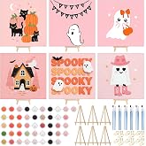 Marspark 6 Pcs Pink Halloween Paint by Numbers Kit for Adults | Pre Drawn Canvas, Craft Wooden Frame Easel Gift, for Adult Beginner, Pink Spooky Pastel Halloween Home Wall Decor 7.9