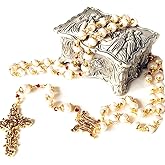 elegantmedical HANDMADE Gold AAA White 9mm Real Pearl Rosary Cross Wire Wrapped Bead NECKLACE BOX