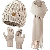 Passionbility Winter Beanie Hat Scarf Gloves Set for Women, Warm Knit Skull Cap Long Scarf Touchscreen Fleece Lined Gloves