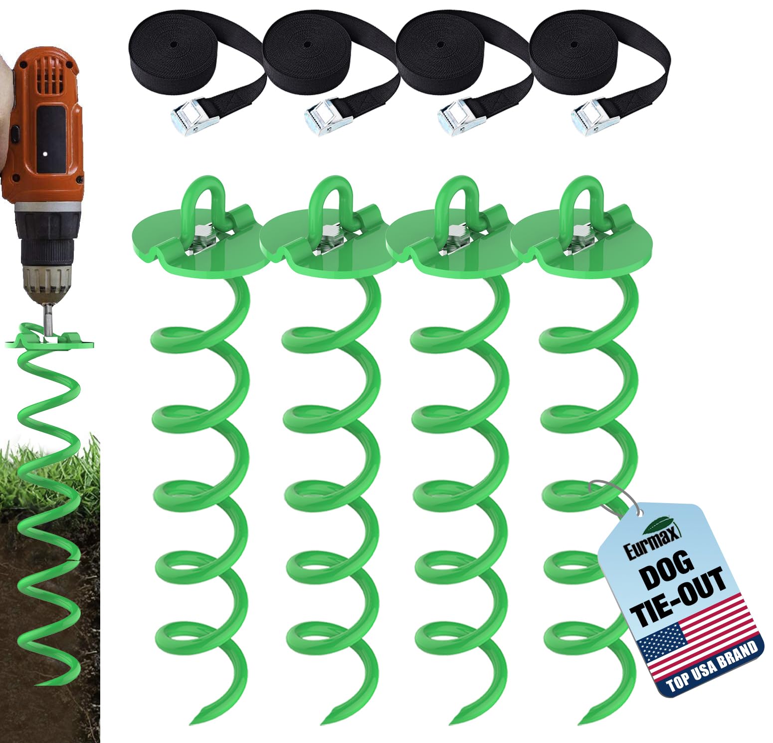 Photo 1 of Eurmax USA 4-Pc Pack Spiral Stakes Heavy Duty Anchor Kit Ice Screw Anchor for Trampoline, Tents, tarps, Canopies,car Ports,Dog tie Out and etc Bonus Tie Down Straps 4-Pc Pack (Green)