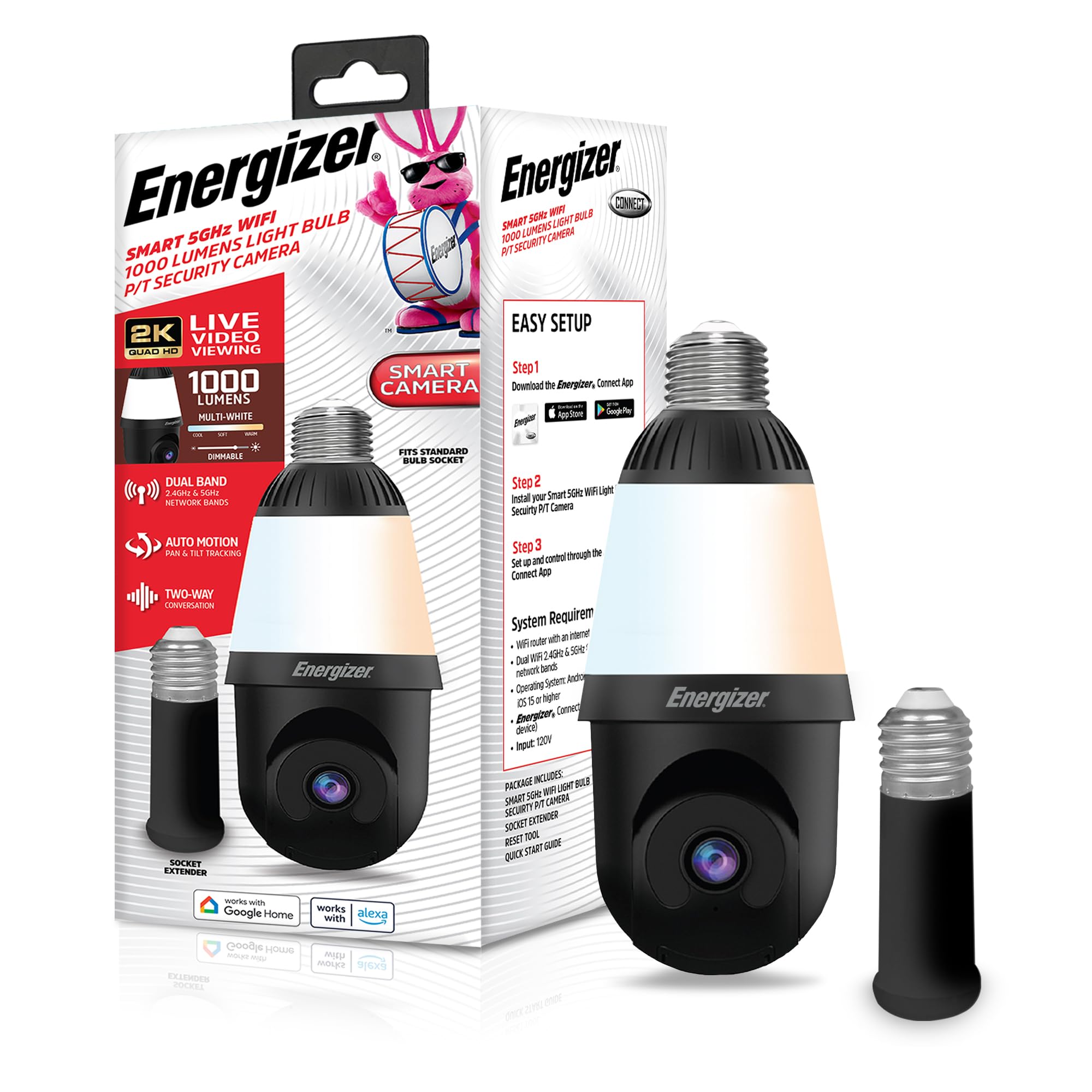 Photo 1 of Energizer Smart 2K Light Bulb Security Camera, 1000 Lumens LED Light, 5GHz & 2.4GHz Wi-Fi Outdoor Socket Camera, Auto Tracking, Pan and Tilt, Night Vision, 2-Way Audio, Works with Google Home & Alexa