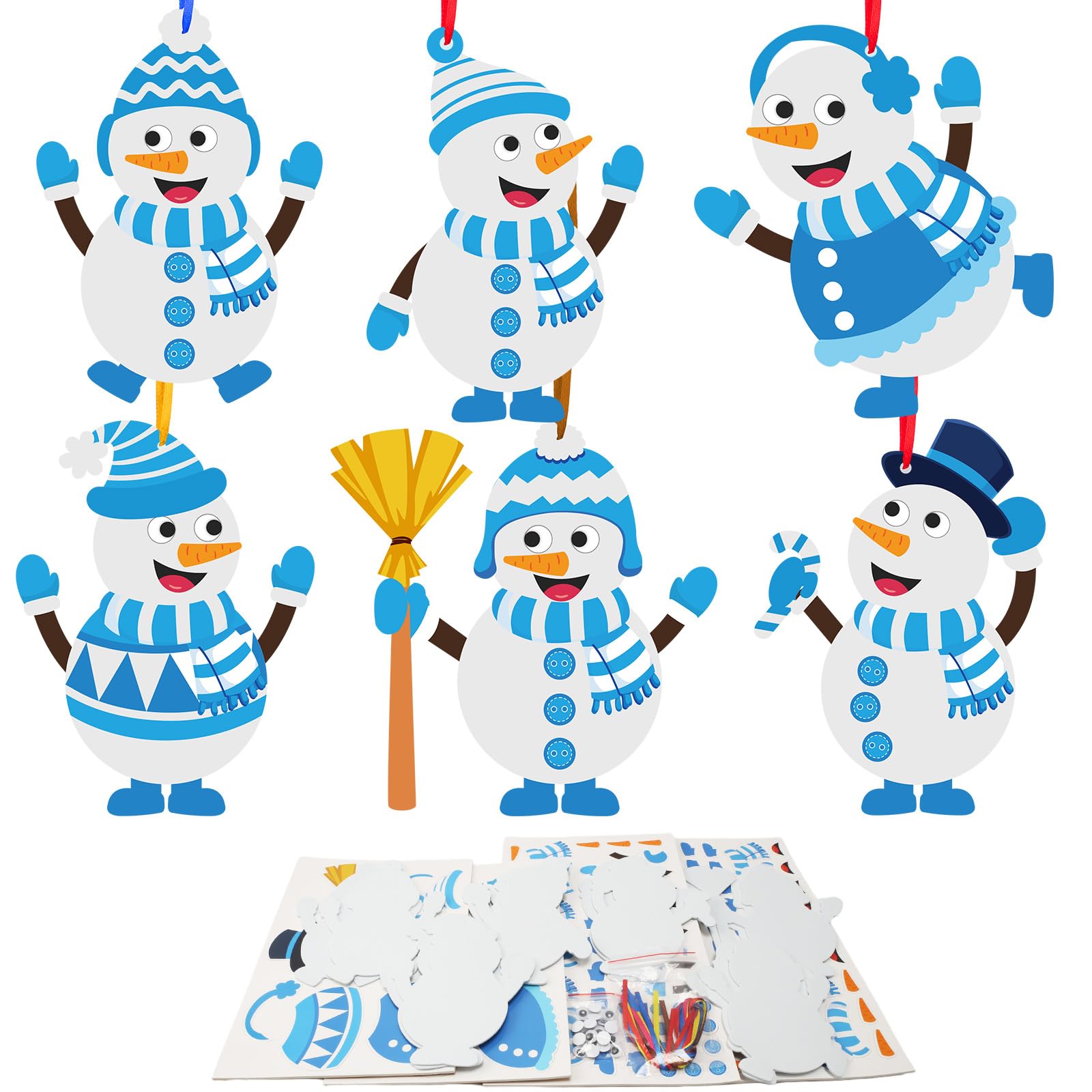 DKINY Christmas Crafts for Kids, 12 Pack Snowman Mix & Match Making Kit, DIY Peel and Stick EVA Foam Xmas Arts and Crafts Kits for Children Christmas Winter Party Activities