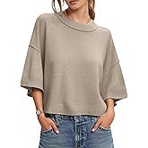 Women's Spring Sweater Cropped 2026 Fashion 3/4 Short Sleeve Casual Crewneck Knit Tops Loose Lightweight Pullover