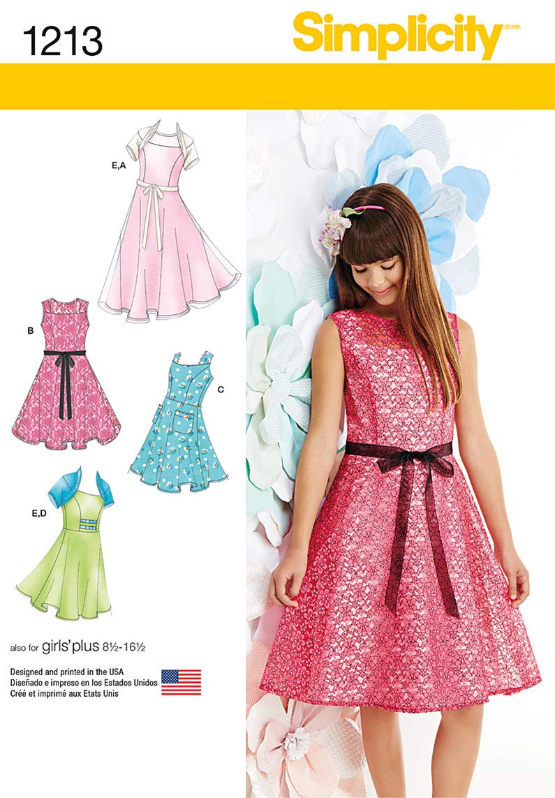 Simplicity Sewing Pattern 1213 Girls' Plus Dresses and Knit Shrug, Size, Paper, White, AA (8-10-12-14-16)