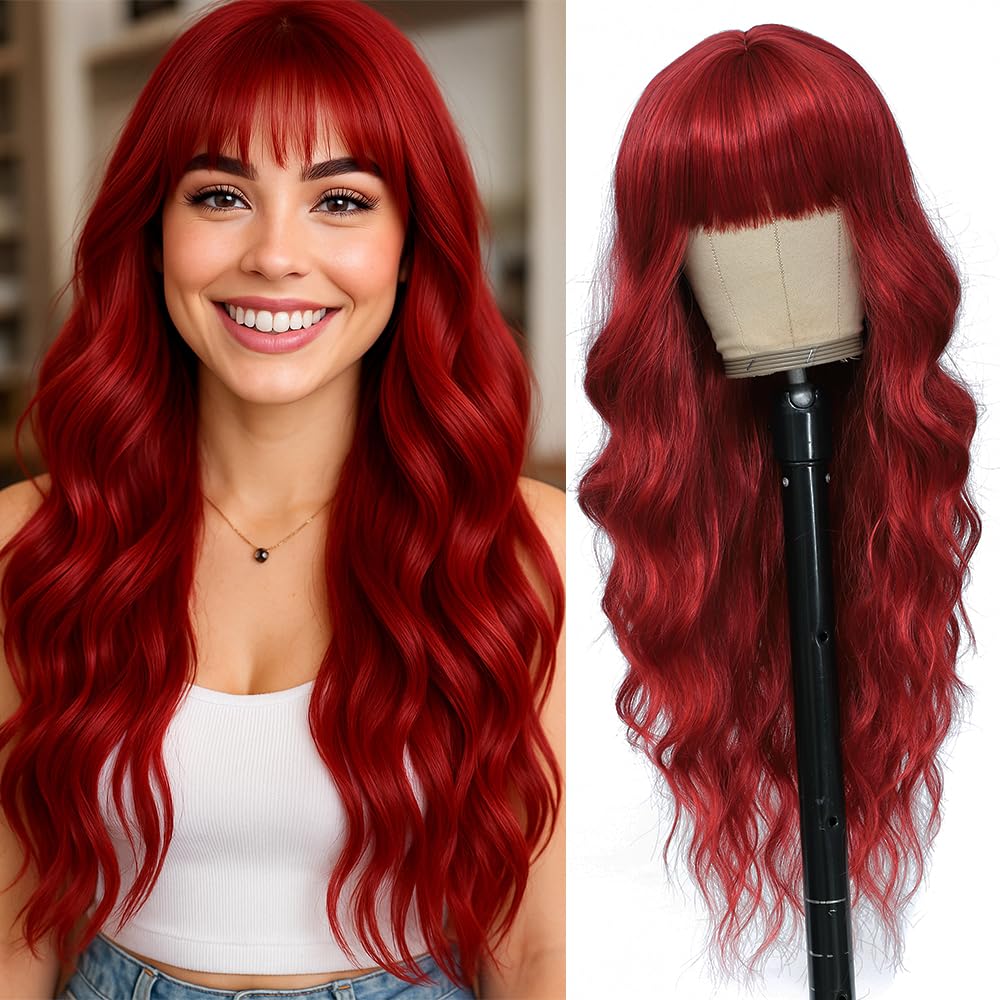 Photo 1 of Long Red Wigs with Bangs 26Inch Wavy Curly Hair for Women Tangle Free Soft Natural Looking Premium Heat Resistant Protein Fiber Daily Party Use