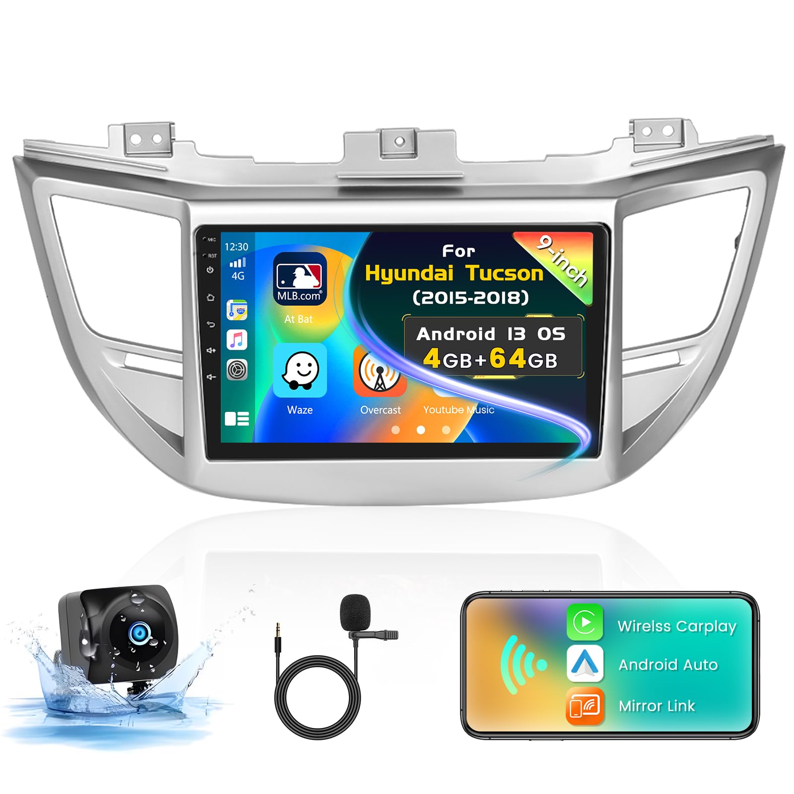 Photo 1 of Inefala [4+64GB] Car Stereo for Hyundai Tucson 2015-2018 with Wireless Carplay Android Auto, 9 Inch HD Touchscreen Head Unit with WiFi GPS Bluetooth FM/RDS Radio EQ Mirror Link SWC Backup Camera MIC