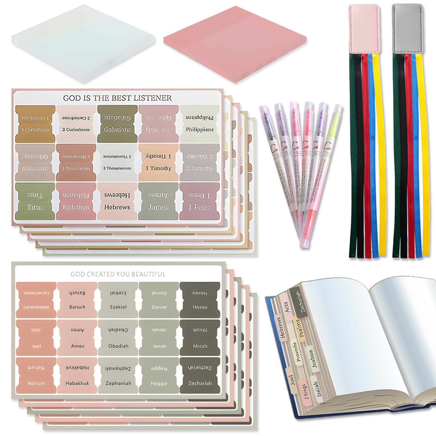 258 pcs Bible Tabs Kit,VEINARDYL 150 Bible Indexing Tabs with 2 Bible Ribbon Bookmarks, 6 Colored highlighters, Bible Journaling Supplies Bible Book Tabs for Women Study Bible