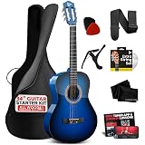 Pyle Beginner Acoustic Guitar Kit, 1/2 Junior Size All Wood Build Nylon String Instrument with Capo, Strap, Extra String Set, Gig Bag, Guitars for Beginners Adults Youth, 34" Blue Burst Gloss