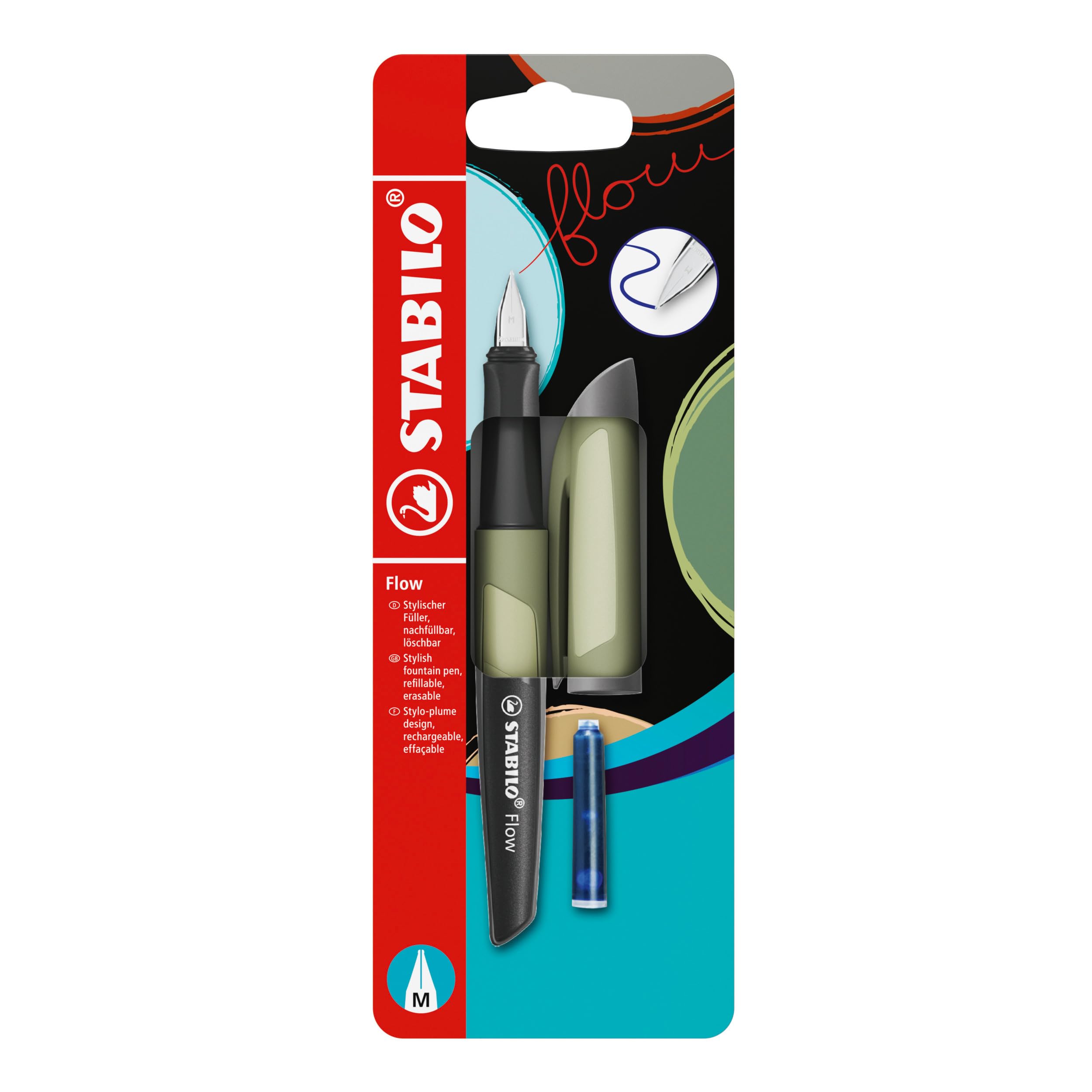 STABILO Flow - Fountain Pen - MONOCHROME - Medium Nib - Pack of 1 - Khaki including Blue Ink Cartridge