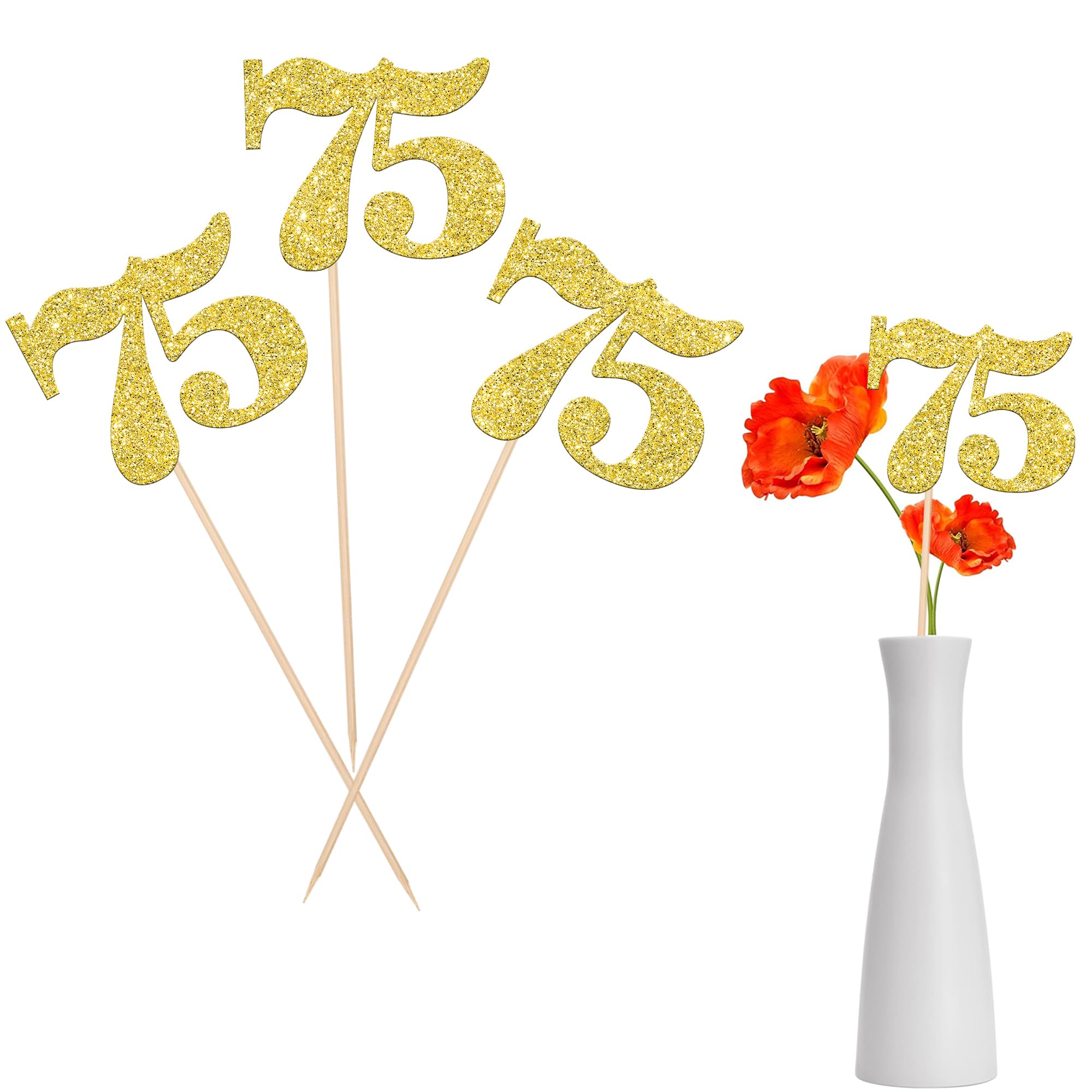 Photo 1 of 12 PCS Glitter Number 75 Centerpiece Sticks 75th Birthday Cake Toppers Seventy Five Table Flower Topper Decorations for 75th Birthday Anniversary Party Centerpiece Supplies Gold