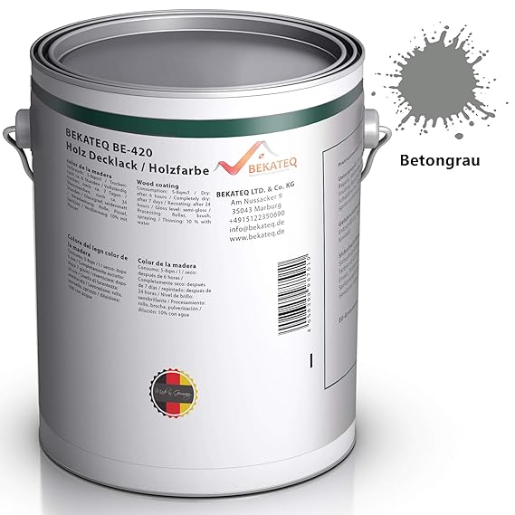 BEKATEQ BE-420 Holzschutzfarbe, 1L Betongrau, Holzfarbe auf Wasserbasis in seidenmatt