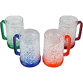 Lily's Home 16oz set of 4 Double Wall Gel-Filled Acrylic Freezer Stein Mugs, Great as Old Fashion Drinking Glasses at BBQs and Parties, Clear with Assorted Color Accents