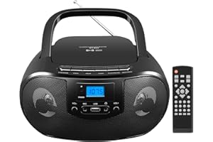 GELIELIM Portable CD Player Boombox with FM Radio, Top Loading CD Stereo Boom Box for Home, Bluetooth, Remote Control, LED Light, Headphone/Mic Jack, Support CD-R/RW/MP3-CD, USB, LCD Display, Black