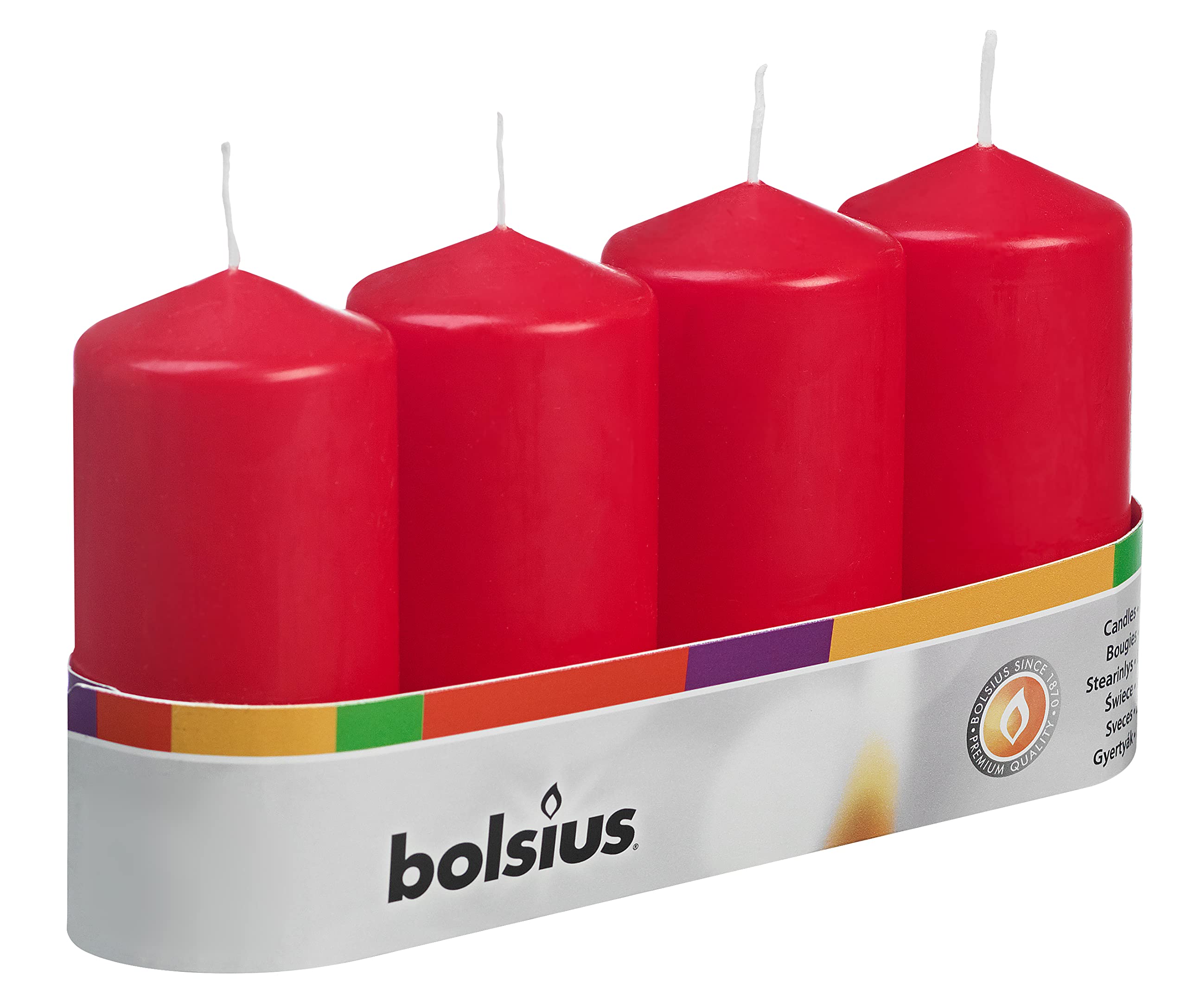 Bolsius pack 4 Pillar Candles Regular, "Dark Red 50 mm Width"