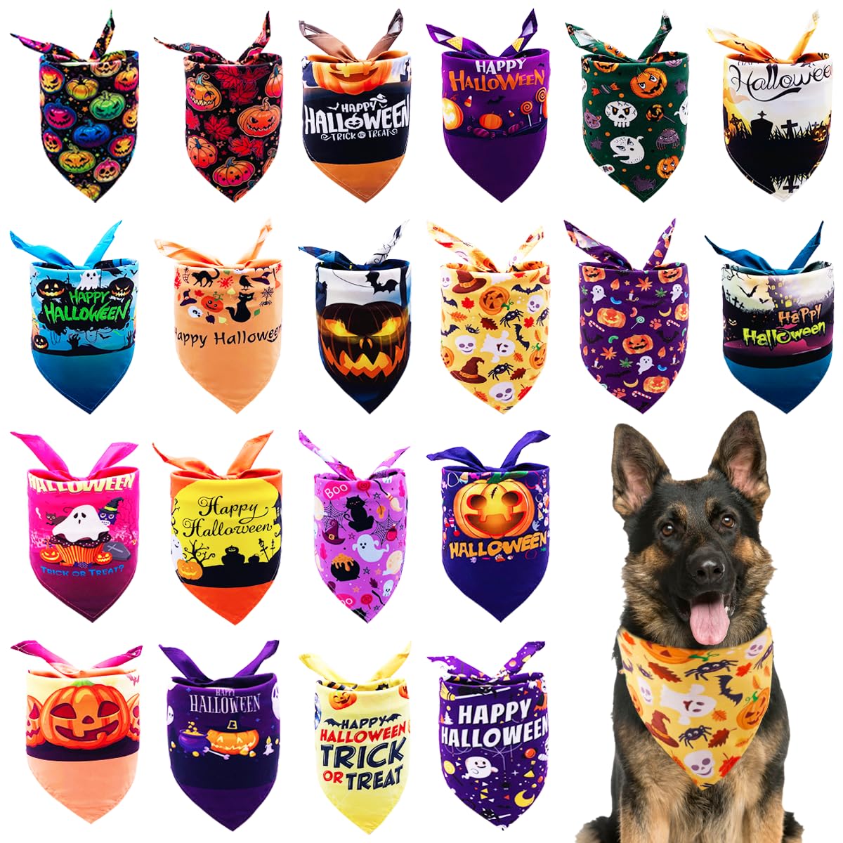 BIPY 20PCS Halloween Dog Bandanas Pet Scarf Dogs Fall Triangle Bibs with Classic Pumpkin Ghost Bat Pets Scarf for Large XL Dogs Gifts Pets Neckerchief Party Costume Accessories