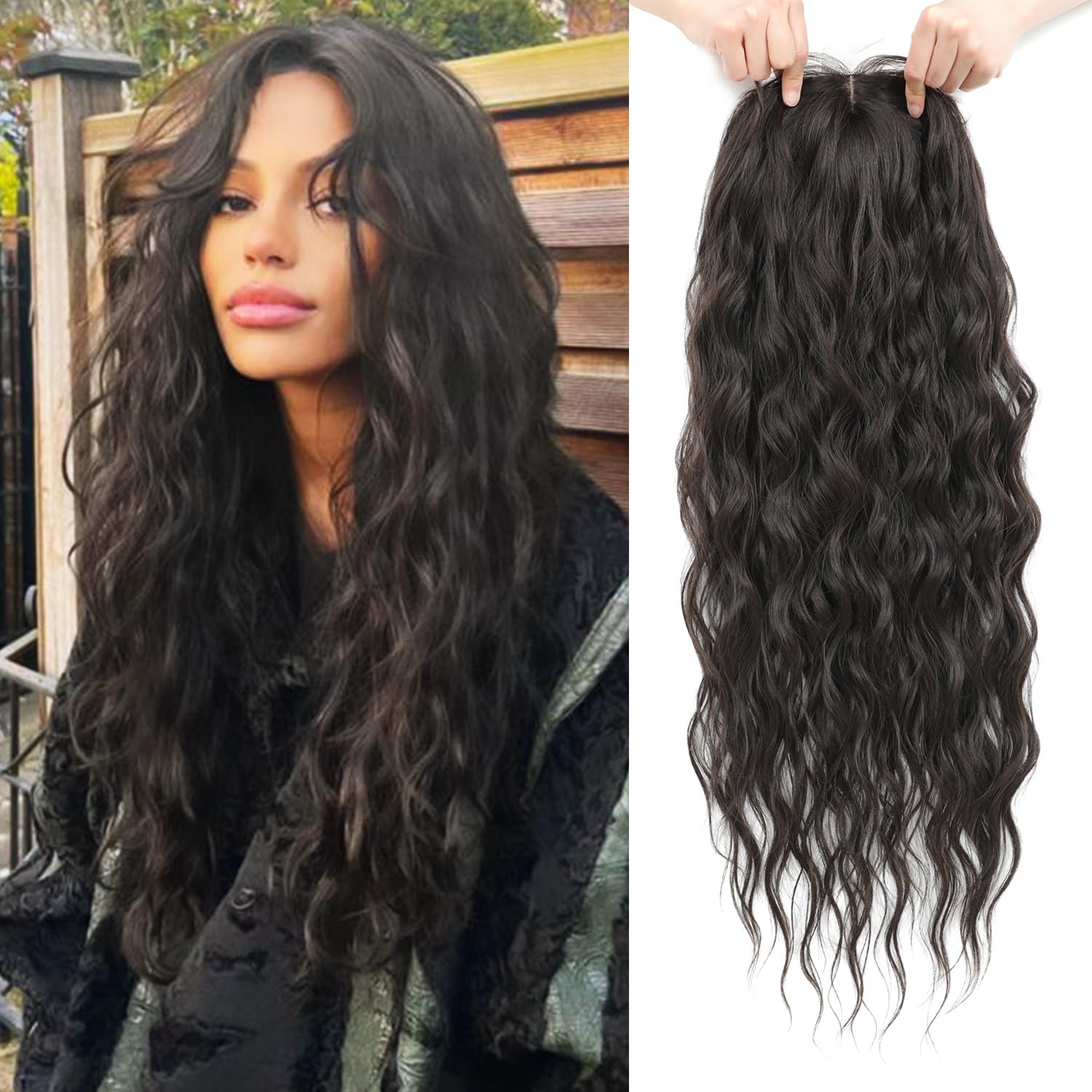 Photo 1 of Molefi Curly Hair Topper 26inch Long Wavy Hair Toppers with Bangs for Women Synthetic Wiglets Hairpieces for Adding Volume Black Brown