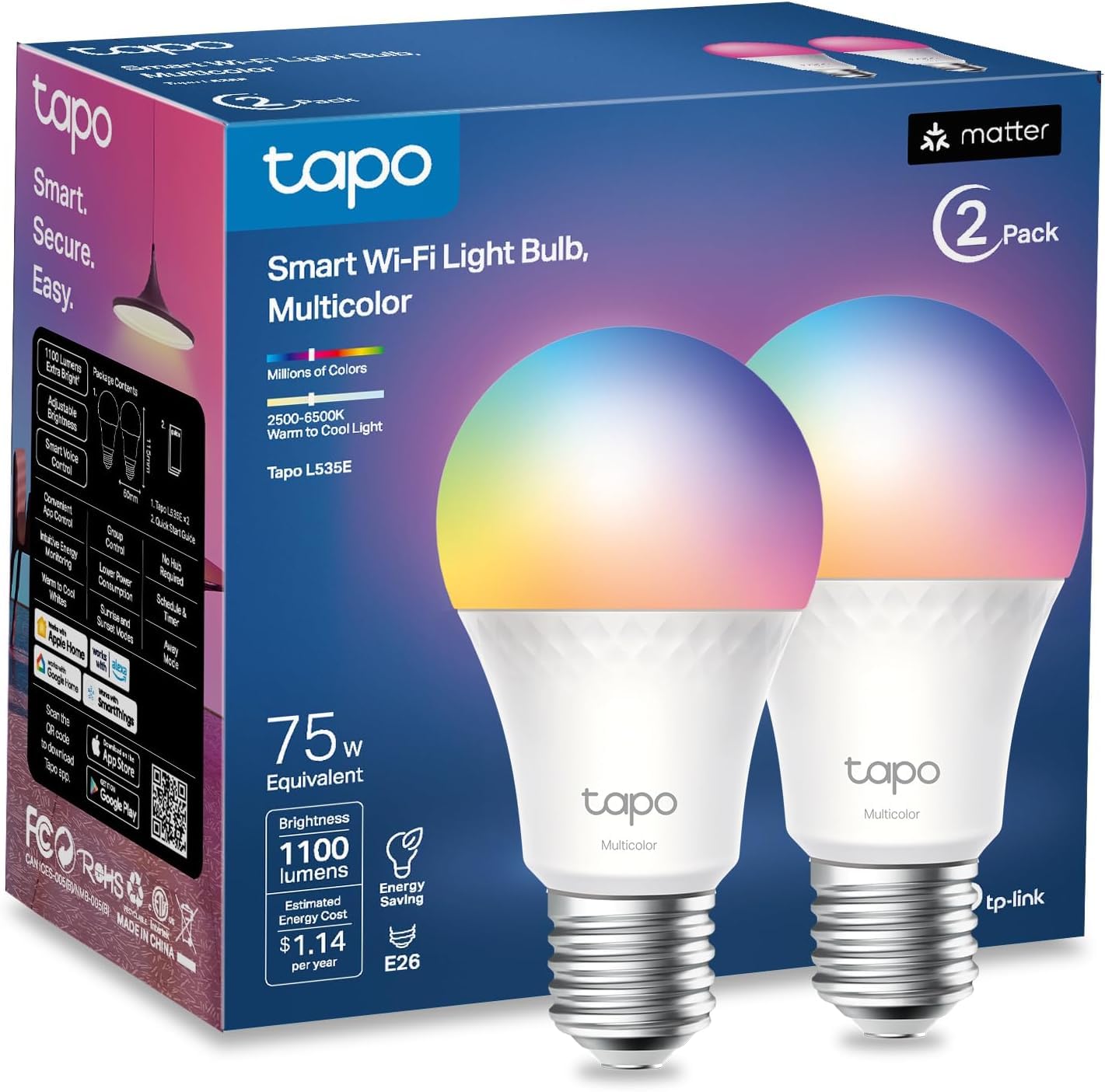 Photo 1 of TP-Link Tapo Smart Light Bulbs, 1100 Lumens High Brightness (75W Equivalent), Matter-Certified, 16M Colors WiFi Light Bulb, Dimmable, Works w/Siri, Alexa & Google Home, A19 E26, Tapo L535E(2-Pack)