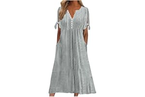 NaRHbrg Womens Summer Dress Casual Floral Print Midi Dress Button V Neck Short Sleeve Dresses Flowy Boho Beach Party Sundress