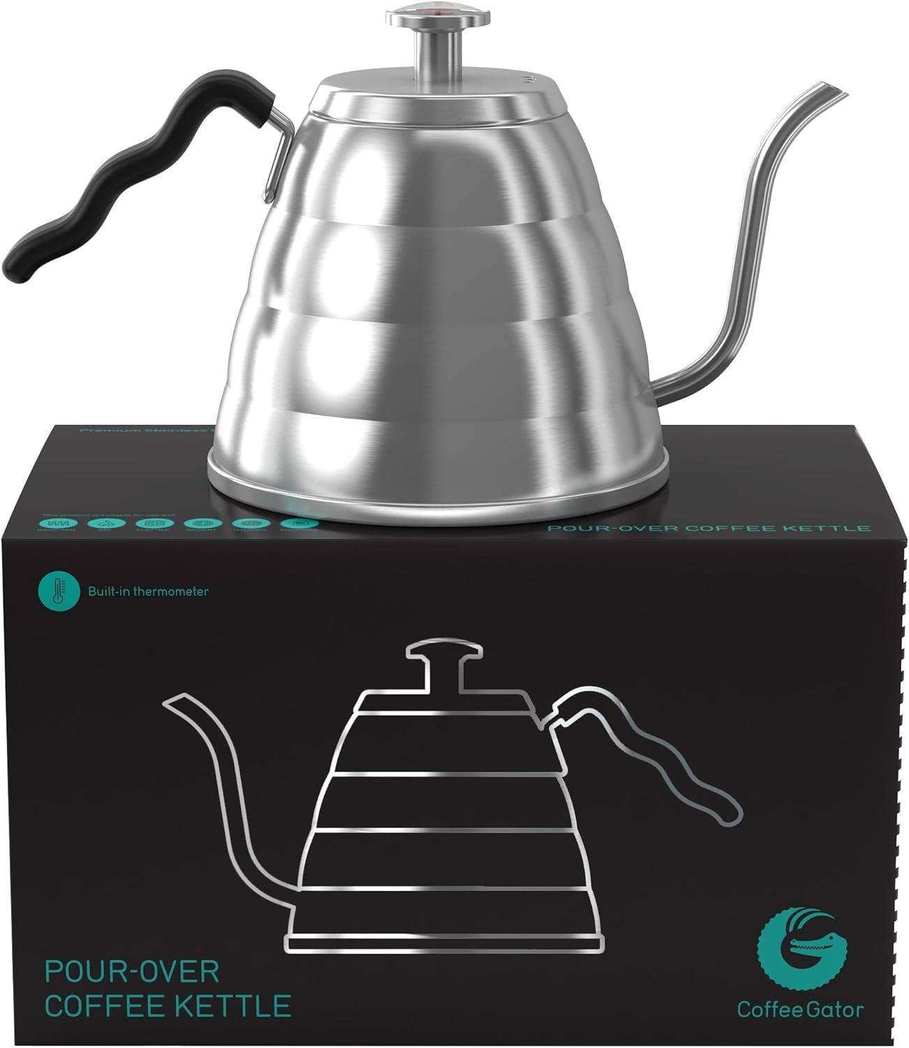 Coffee Gator Gooseneck Kettle - 1.2 Litre, Stainless-Steel Stovetop Kettles w/Precision Drip Spout & Built-in Thermometer