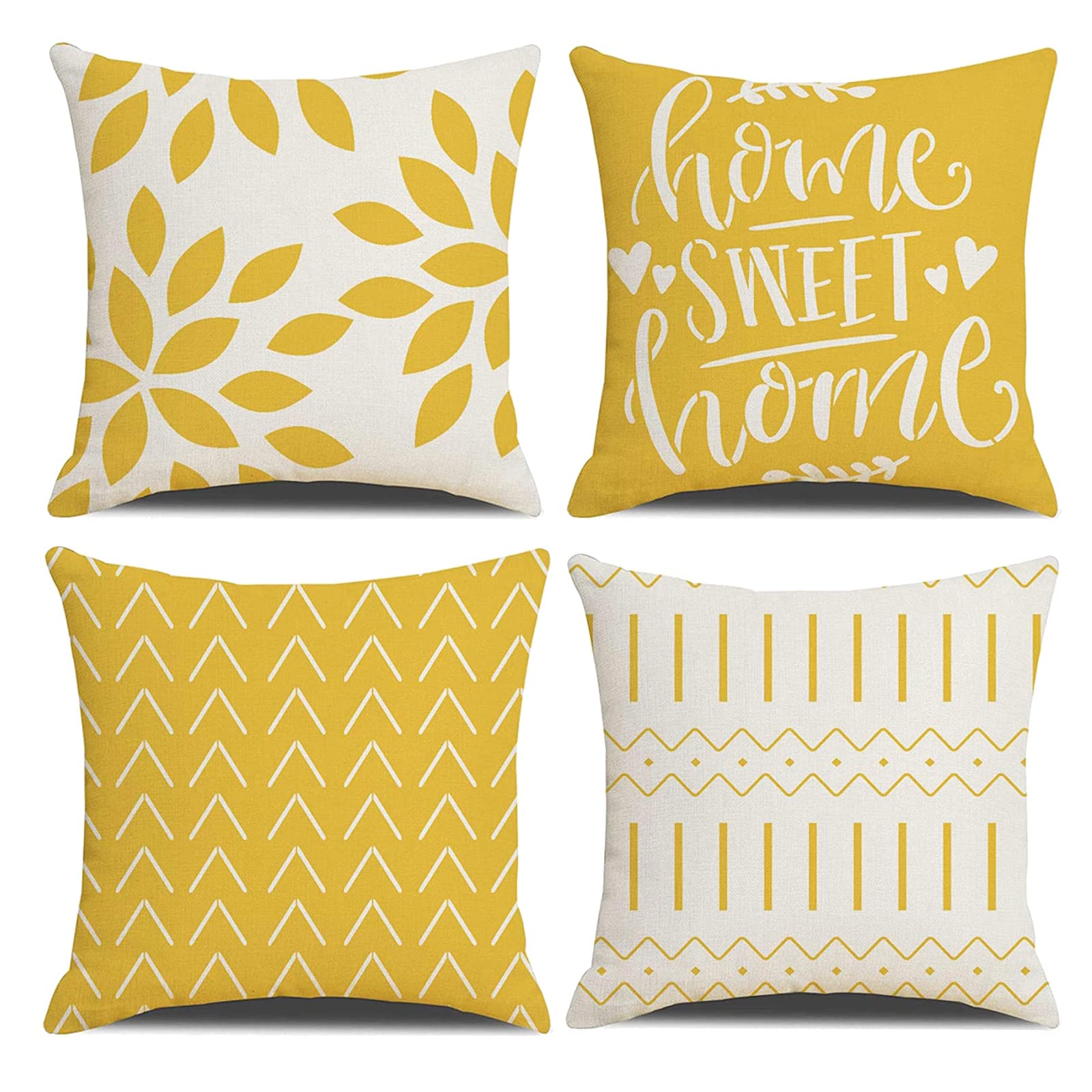 OCEUMACO Linen Cushion Covers 45 x 45 cm Sofa Living Room Set of 4 Home Sweet Home Throw Pillow Cases 18x18 Outdoor Decorative Geometric Boho Floral Pillowcases Cushions Cover - Yellow Mustard