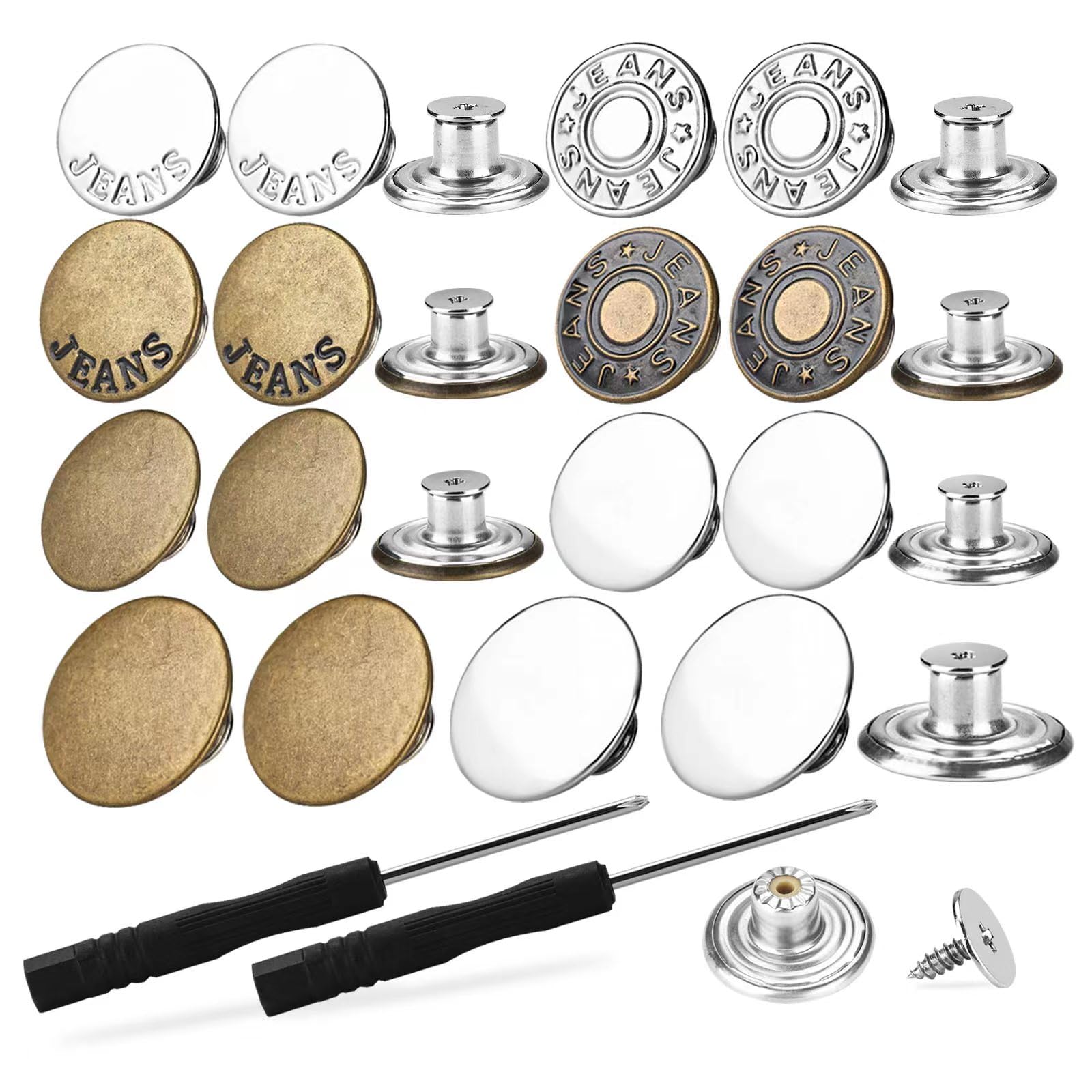 Photo 1 of 32 Sets Jeans Buttons Replacement, 17mm and 20mm No-Sew Removable Metal Buttons for Pants, Button for Sewing Metal Jeans, Contains 35 Rivets and 2 Screwdrivers in Storage Box