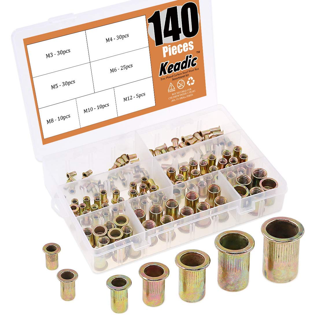 Keadic 140Pcs Rivet Nuts Set, Threaded Insert Nutsert, Threaded Insert Nut Riveter Set, Carbon Steel Rivnuts Blind Rivet Nut Assortment Set for Metal, Wood, Aluminium - M3/M4/M5/M6/M8/M10/M12
