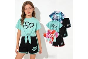 Girl Tie Dye Shirt Set 6 Pcs Causal Heart Print Short Sleeve Top and Track Shorts Summer Outfit