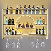Metal Wine Rack Wall Mounted with LED Light, 3-Tier Bar Liquor Shelf with Wine Glass Holder, Modern Large Capacity Liquor Bottle Display Storage Shelf for Home Bar, Dining Room(Gold, 100 * 80 * 15)