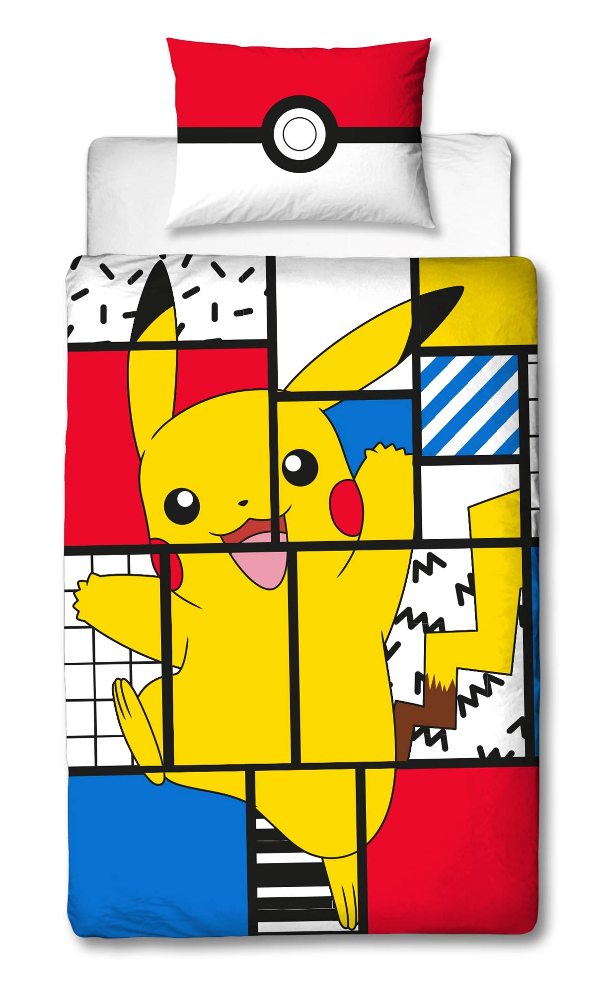 Pokemon Pikachu Single Duvet Cover | Officially Licensed Reversible Pokeball Two Sided Super Memphis Design with Matching Pillowcase, Polyester