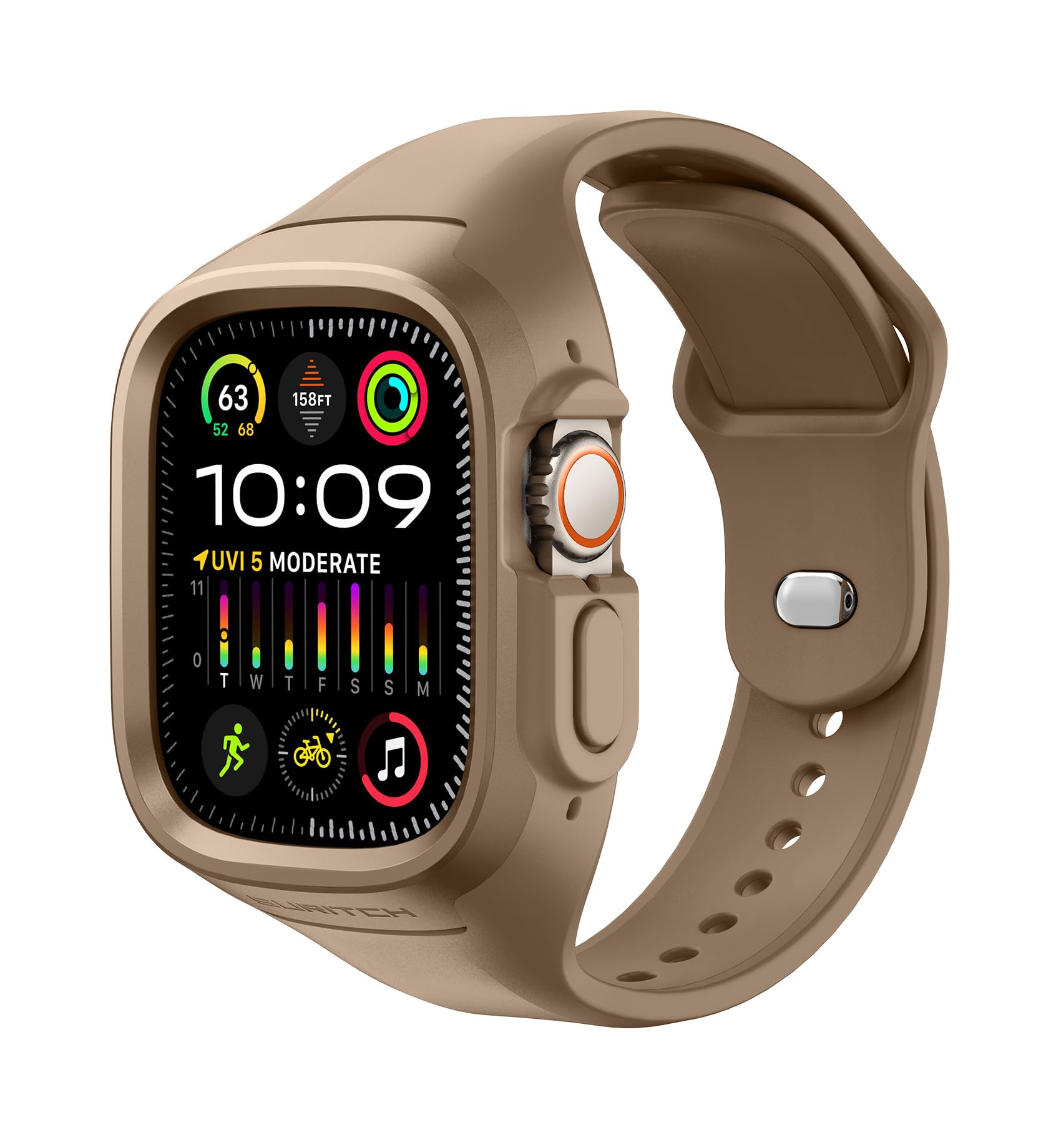 SURITCH Sport Band for Apple Watch Ultra 3/2/1 Case with Band 49mm, Soft Silicone Shockproof Rugged Protective Replacement Strap with Case for Women Men, Brown