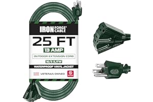 IRON FORGE CABLE 25 Foot Outdoor Extension Cord with 3 Electrical Power Outlets - 16/3 SJTW Durable Green Extension Cable with 3 Prong Grounded Plug for Safety