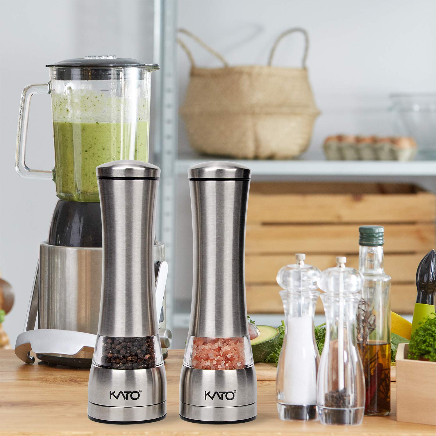 Kato Manual Stainless Steel Salt and Pepper Grinder Set, Best Ceramic Refillable Pepper Mills for Himalayan Salt, Pepper and Other Spices, 2 Pack