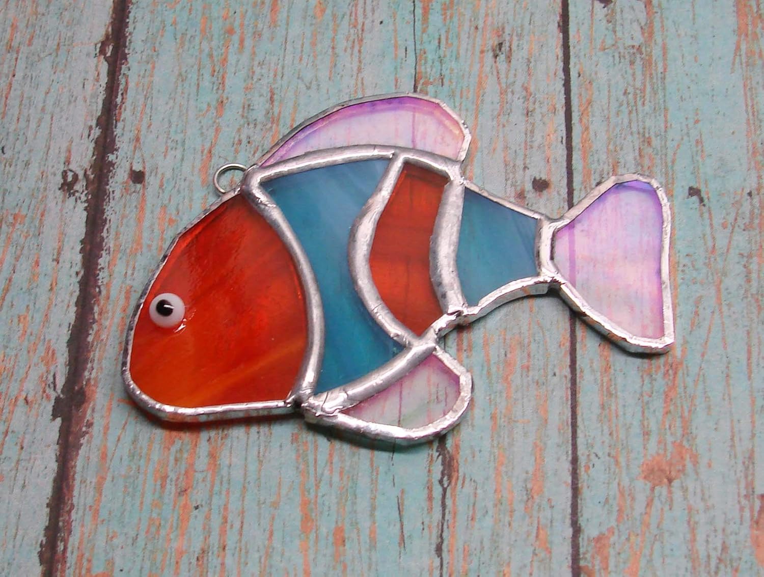 Light Blue and Orange Tropical Fish Handmade Stained Glass