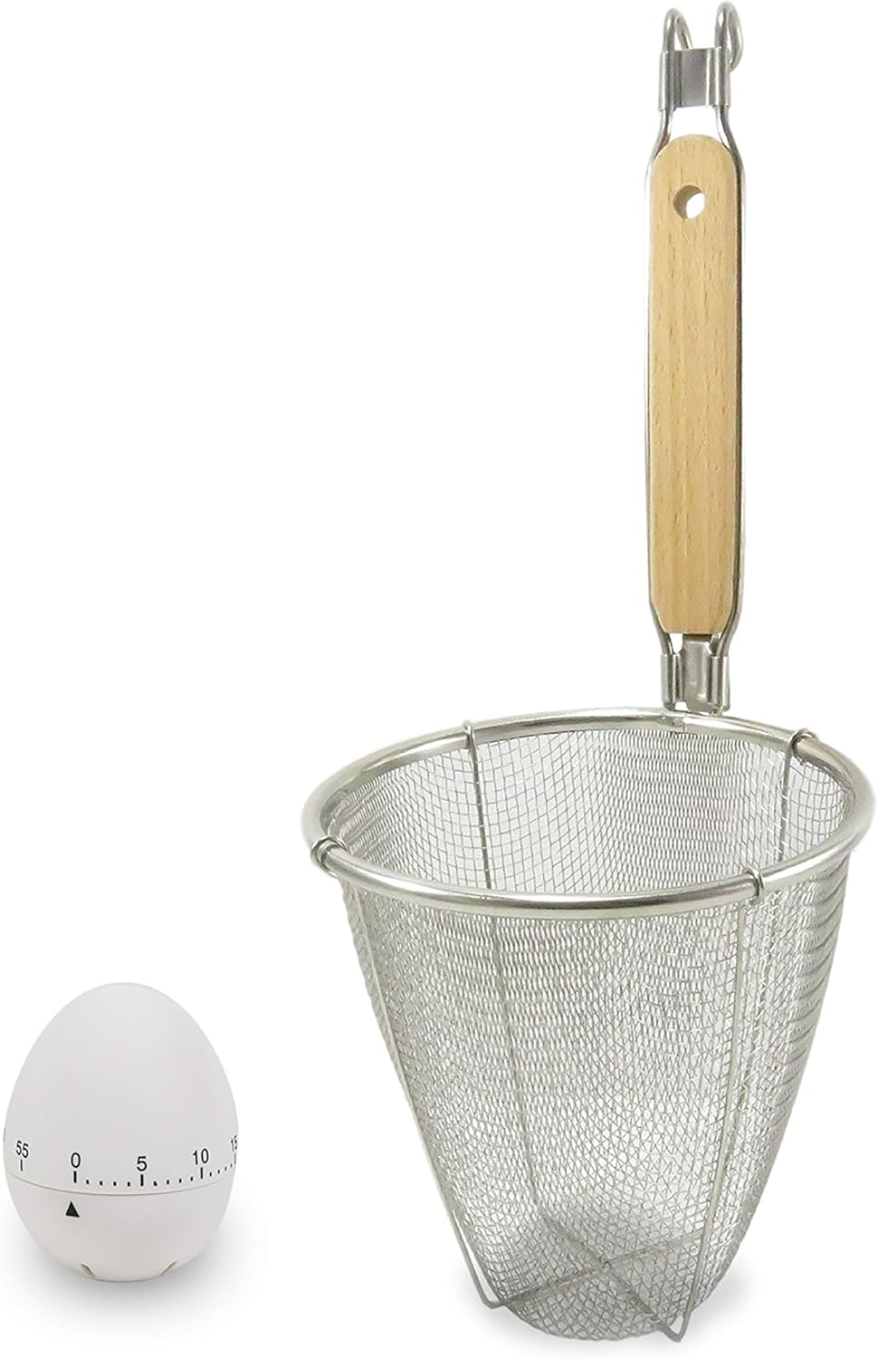 Mesh Noodle Strainer 5.5 Inch Basket and Wooden Handle with Bonus Egg Timer (Set of 2)