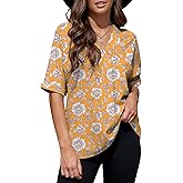 Necooer Women’s Summer Chiffon Blouse Casual Short Sleeve V Neck Shirt Loose Printed Cuffed Sleeve Tunic Tops for Women (Small,Y-Yellow)