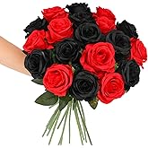 Tifuly Roses Artificial Flowers - 12 pcs Realistic Long Stem Fake Roses Mashup Style Silk Roses for DIY Bouquets Wedding Centerpieces Arrangements Home Party Decor(Black & Red)