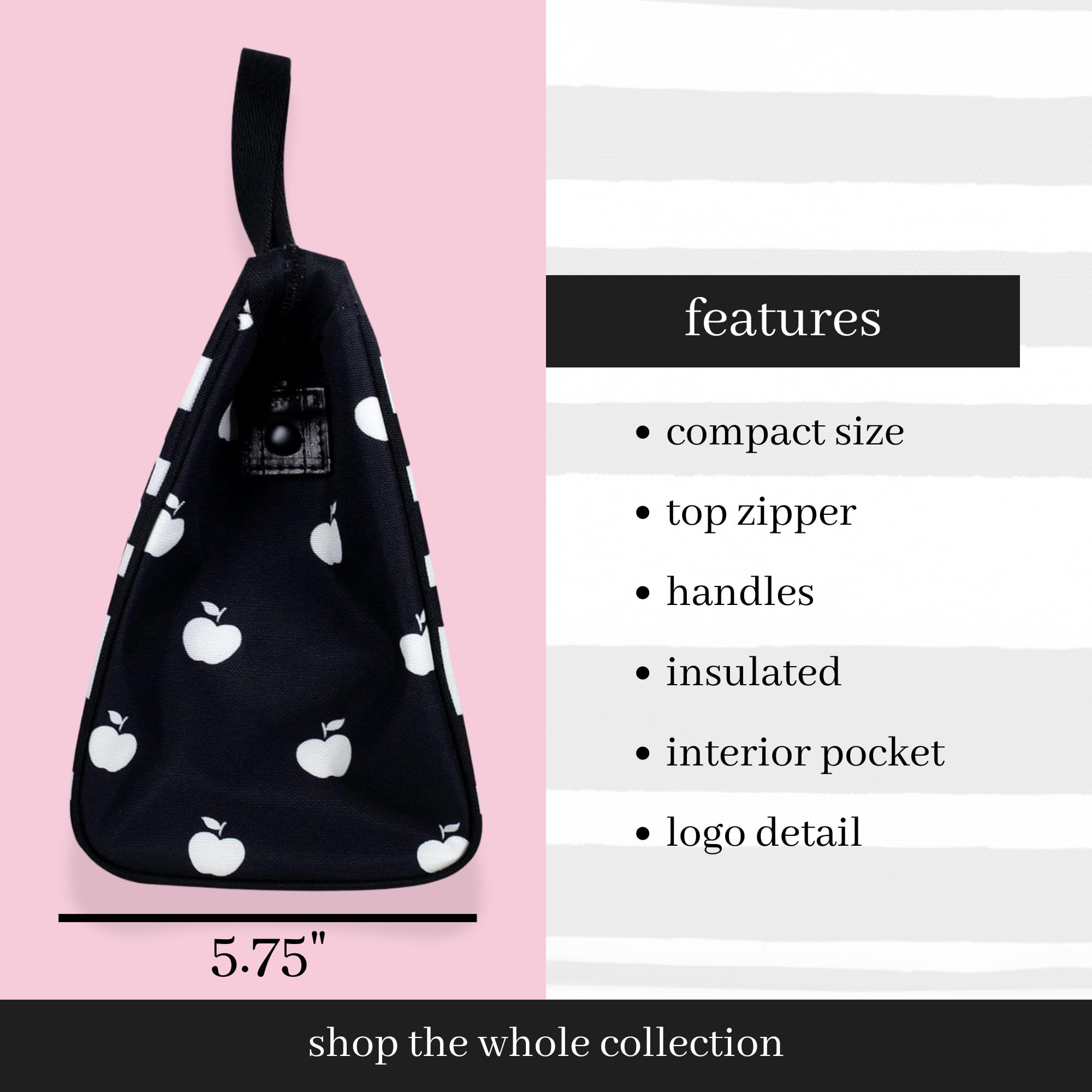 kate spade new york Black Portable Soft Cooler Lunch Bag, Thermal Tote with Silver Insulated Interior Lining and Storage Pocket, Sarah Stripe
