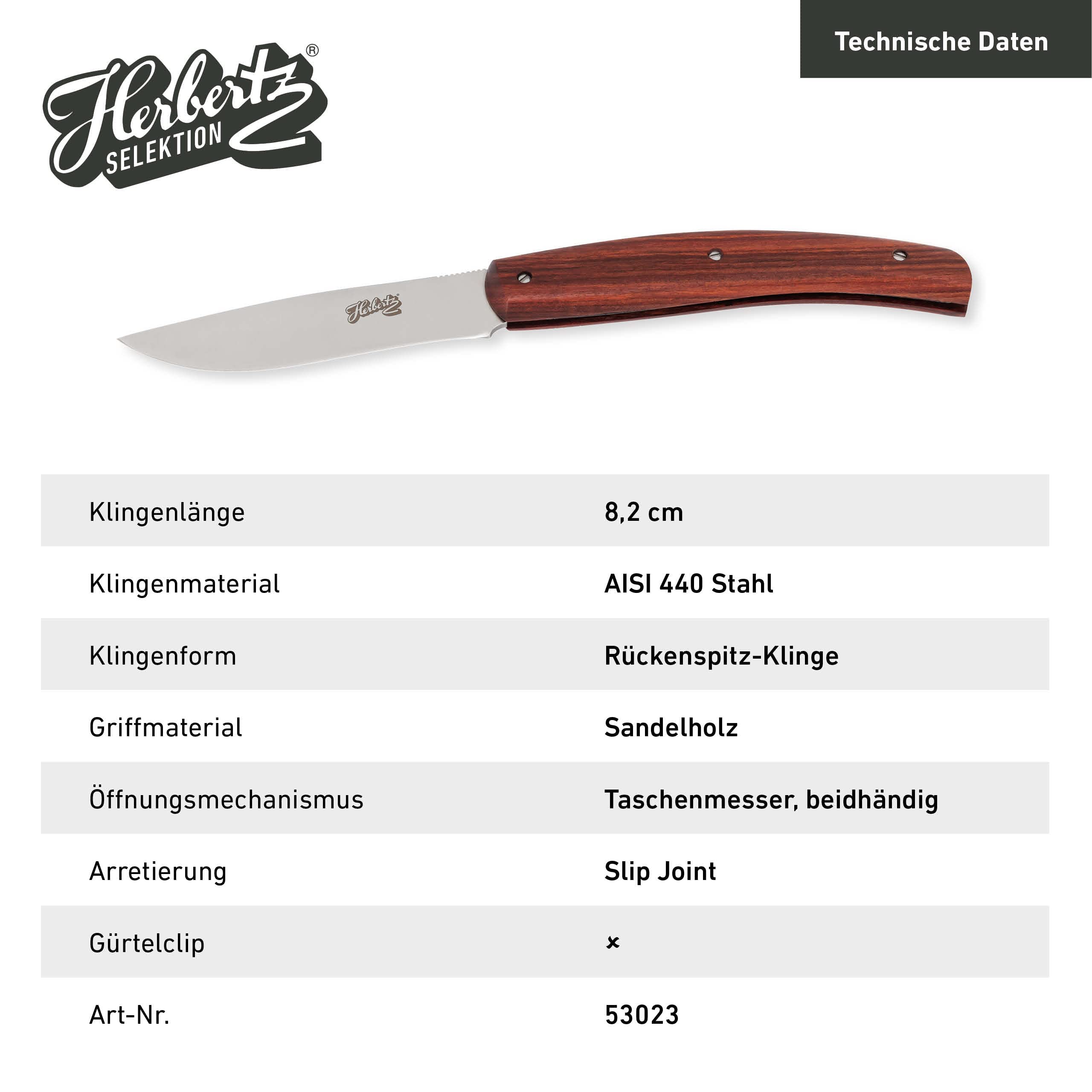 Herbertz Selektion Taschenmesser, AISI 440 Stahl, rostfrei, Slip Joint, Sandelholz Griffschalen, scharfes Klappmesser & Outdoor-messer für Camping, Wandern oder Jagd 2
