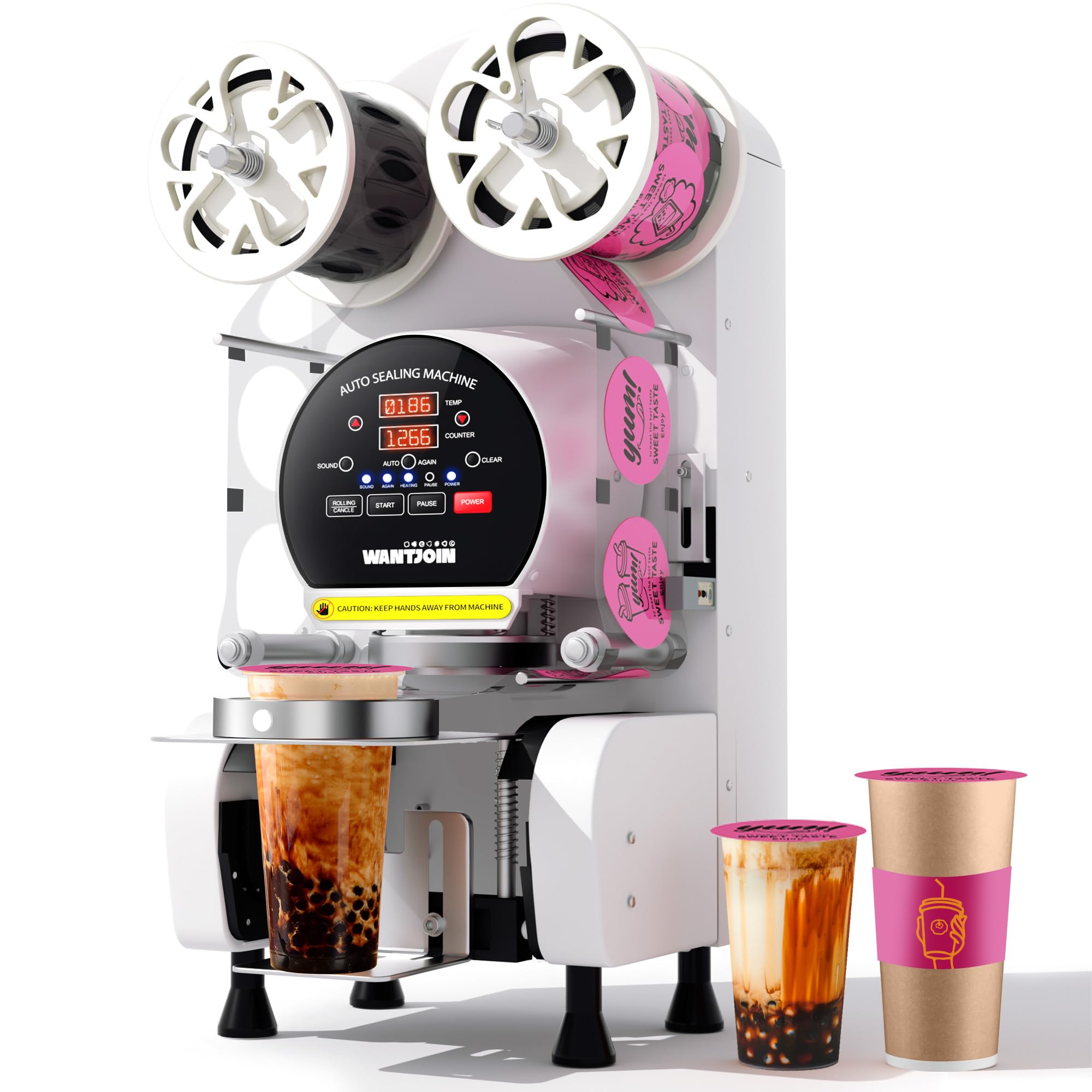 Photo 1 of WantJoin Cup Sealing Machine Full Automatic Cup Sealer Machine 89/90/95MM 3.50/3.54/3.74IN Electric White Cup Sealing Machine 500-600 Cups/H(White)