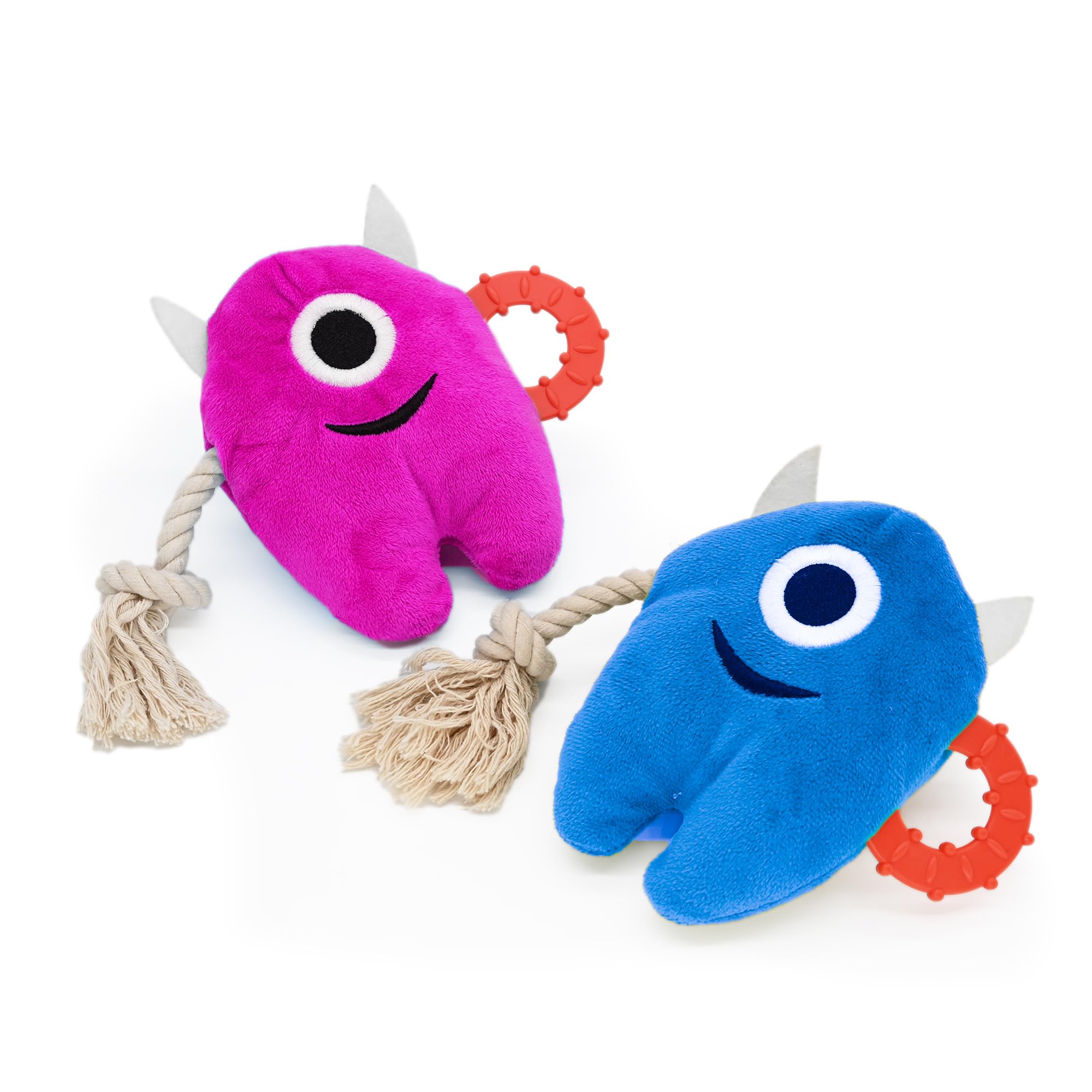 Onmygogo Large Dog Squeaky Chew Toys, Stuffed Plush Dog Toys Durable Tug of War Rope Toys Puppy Toys, Monster Toys(set of 2, blue and fushcia)