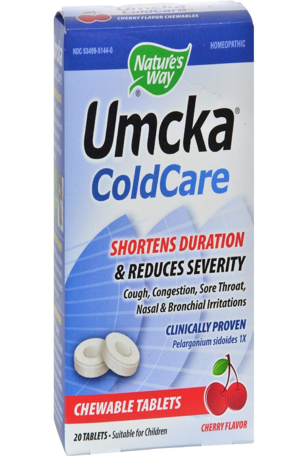 Nature's Way Umcka Cold Relief, Shortens Duration and Reduces Severity, Multi-Symptom Cold Relief, Homeopathic, Phenylephrine Free, Cherry Flavored, 20 Chewable Tablets