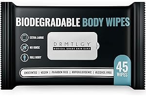 DRMTLGY Body and Face Shower Wipes for Women and Men - 45 Wipes. XTRA Large Biodegradable No Rinse Cleasning Wipes For Camping, Sports, Traveling, and more!
