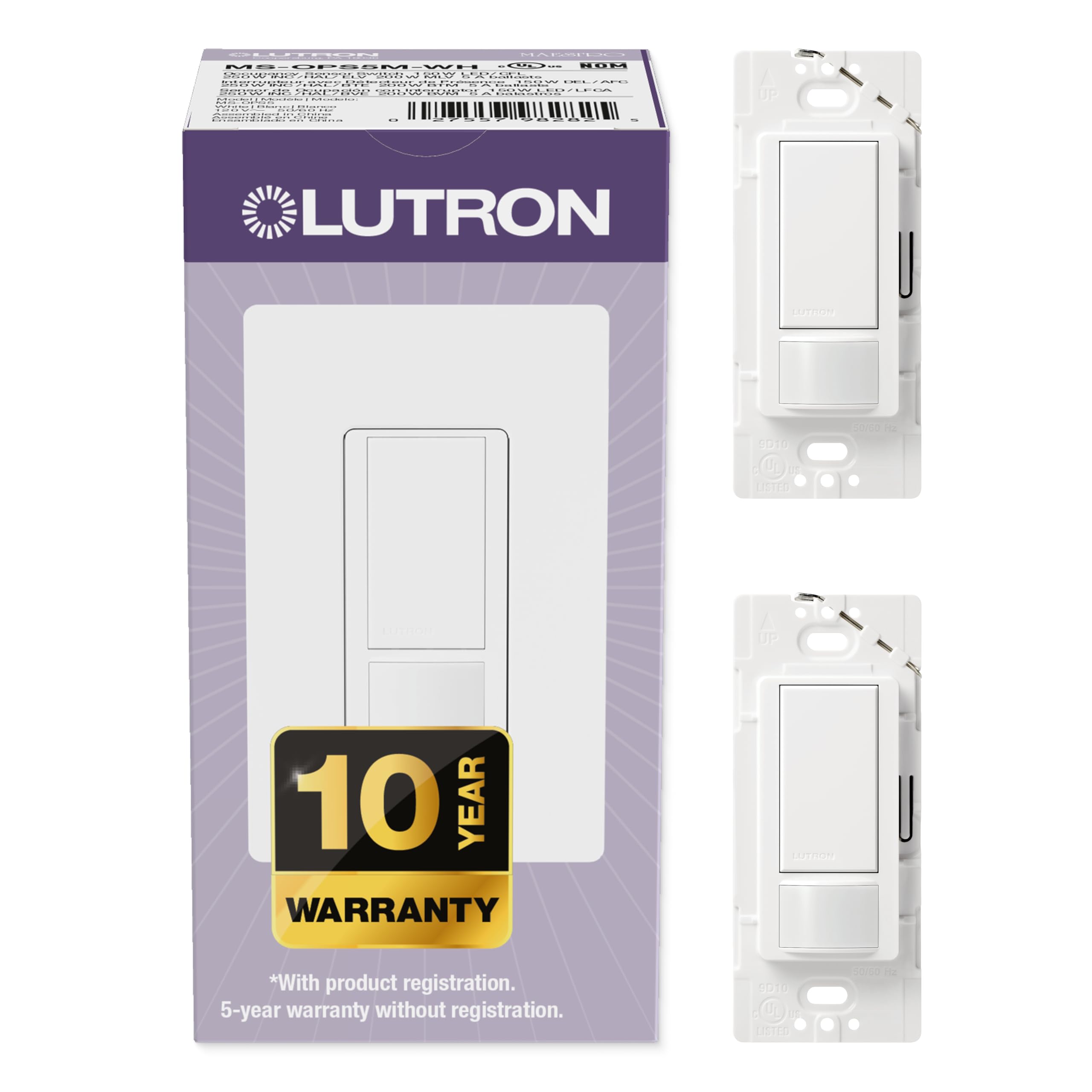 Photo 1 of Lutron Maestro Motion Sensor Light Switch Indoor for Bathroom, Garage, Laundry Room, Closet, Occupancy Sensor Light Switch, Single-Pole, No Neutral, MS-OPS5MH-WH-2, 2 Pack