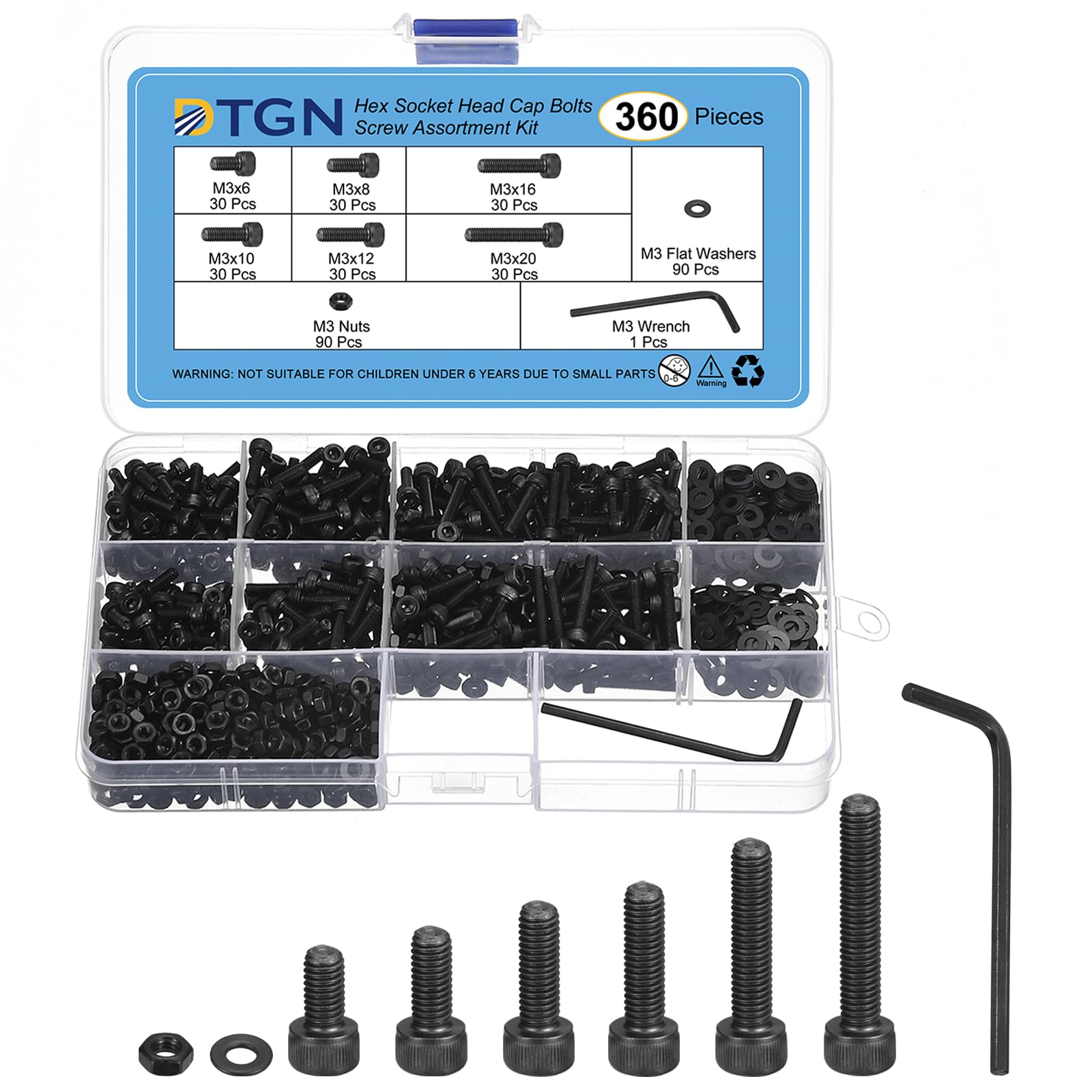 DTGN 360Pcs M3 Metric Screw Assortment, Bolts and Nuts Kit, 12.9 Grade Steel M3x6/8/10/12/16/20mm Hex Socket Head Cap Screws Bolt Set With Wrench, Washers for 3D Printing DIY