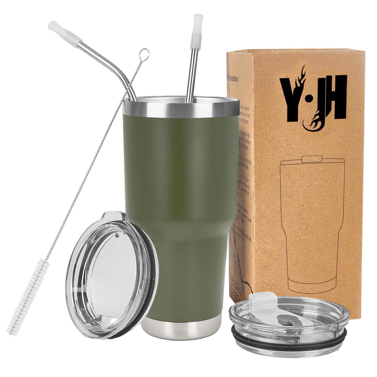 Y·J&H 30oz (850ml) Travel Tumbler Double Wall Vacuum Insulated Coffee Mug Stainless Steel Coffee Cup with 2 Splash Proof Lid, 2 Straws & Free Cleaning Brush, BPA Free - Army Green