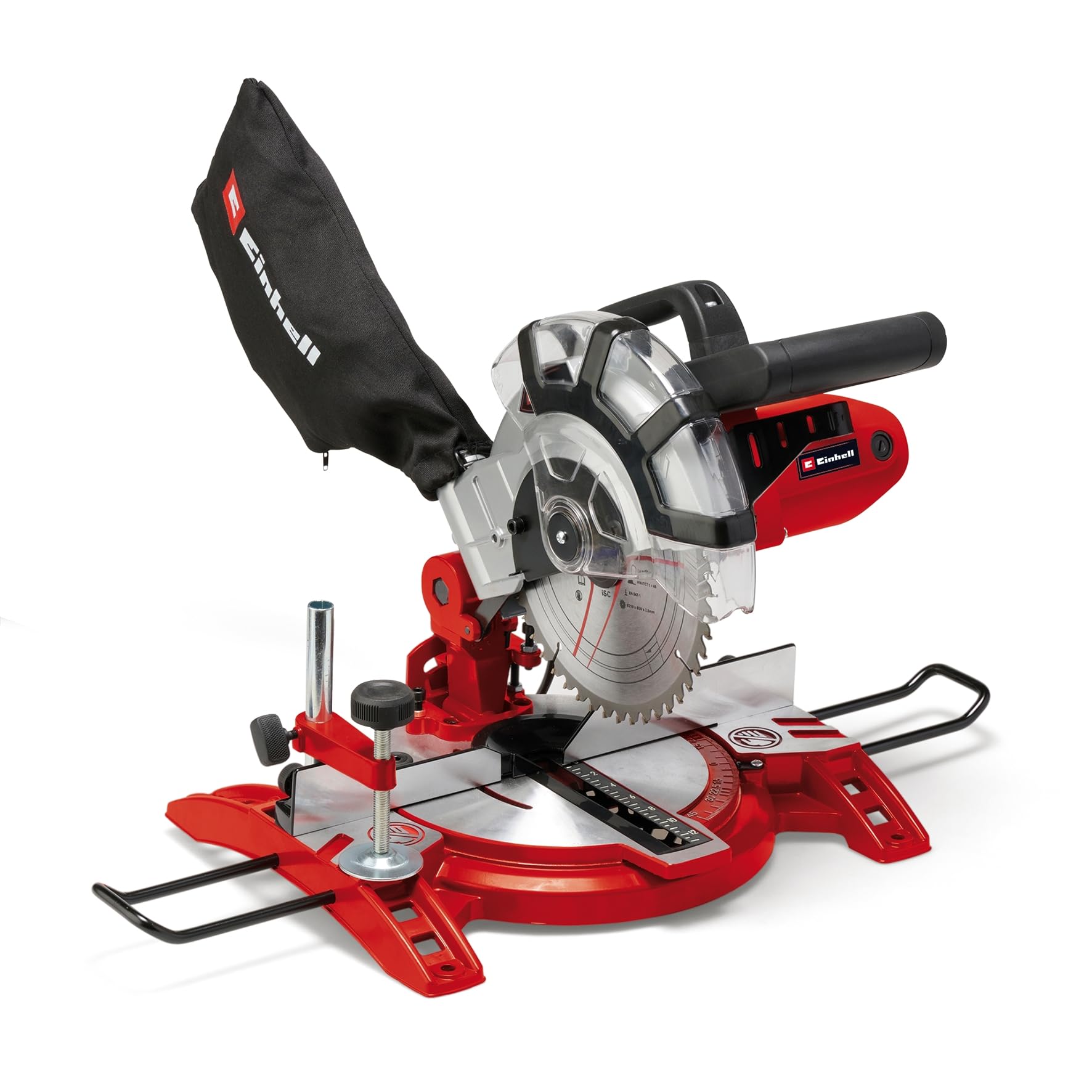 Einhell Compound Mitre Saw 1600W, 5000rpm Cutting Speed, +/-45° Mitre, Suitable for Materials Such as Wood, Coated Boards or Plastic, Includes Sawdust Bag TC-MS 2112